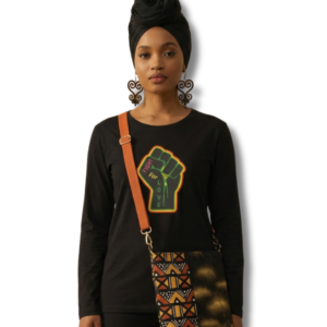 Mock-up of model wearing the textured mud cloth fabric and gold shimmer accents on a handmade crossbody bag.